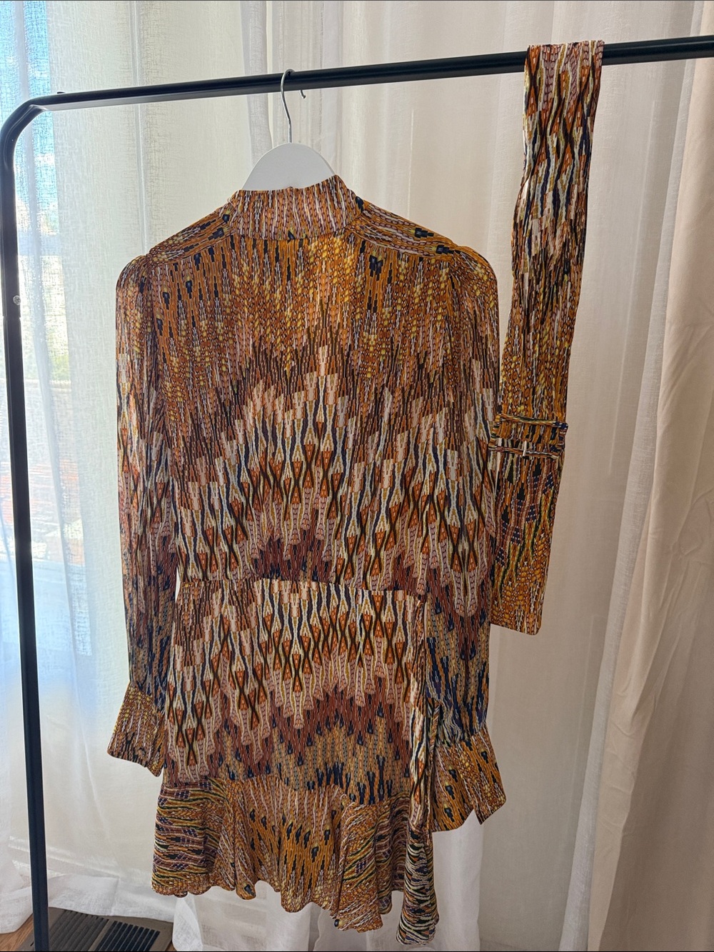 Alexis Multicolor Ikat-Print Long Sleeve Dress in Mustard and Brown - Picture 6 of 9